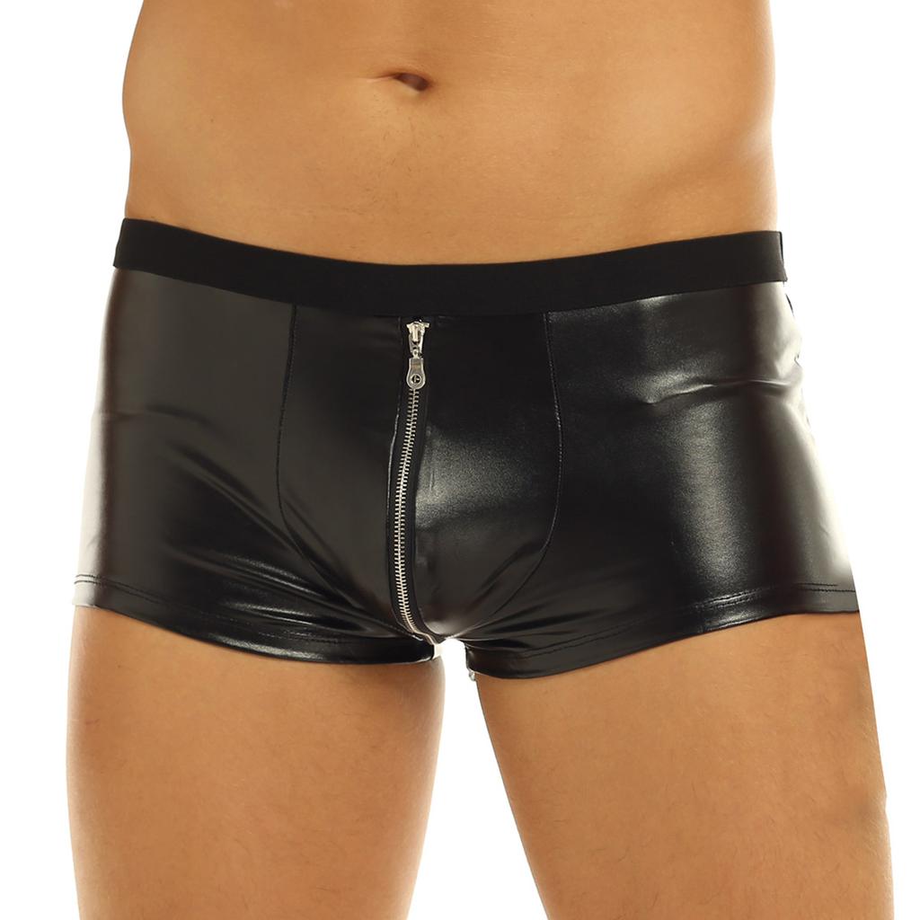 Mens Lingerie Wet Look Faux Leather Zipper Bulge Pouch Low Rise Boxer Briefs Shorts Underwear Underpants