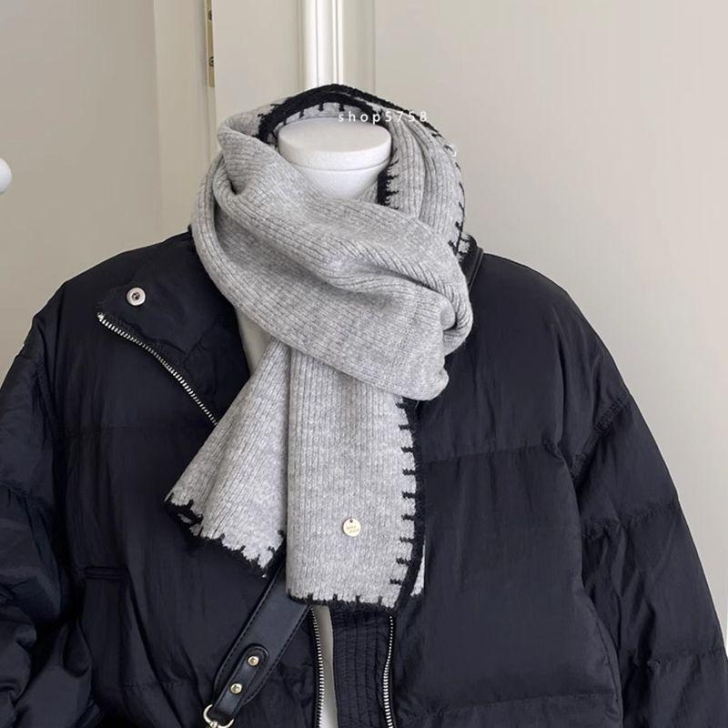 

Женский осенне-зимний вязаный шарф из шерсти в корейском стиле, зимний универсальный утолщенный теплый однотонный платок, согревающий шею серый