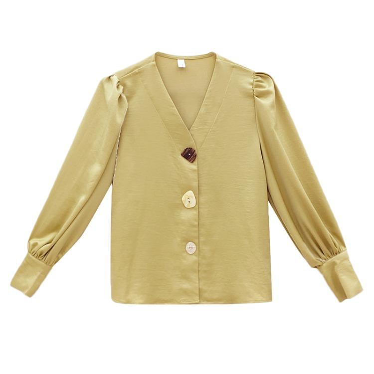 Shirt Women's Design Sense Niche 1116 New Retro Hong Kong Flavor V-neck Early Autumn Top Light Lantern Sleeve Shirt