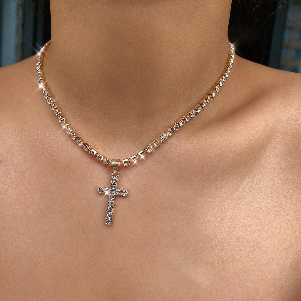 Jewelry, Simple Claw Chain Diamond Single-Layer Necklace For Women, Temperament Inlaid With Diamond Cross Pendant Necklace