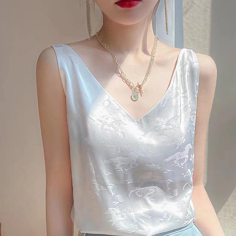 

Женская атласная майка без рукавов с V-образным вырезом и жаккардовым узором XL белый