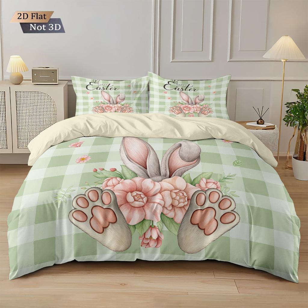 3pcs Easter Egg Rabbit Print Down Duvet Cover Set, Multi Size Bedroom, Dormitory Bedding Decoration, Machine Washable