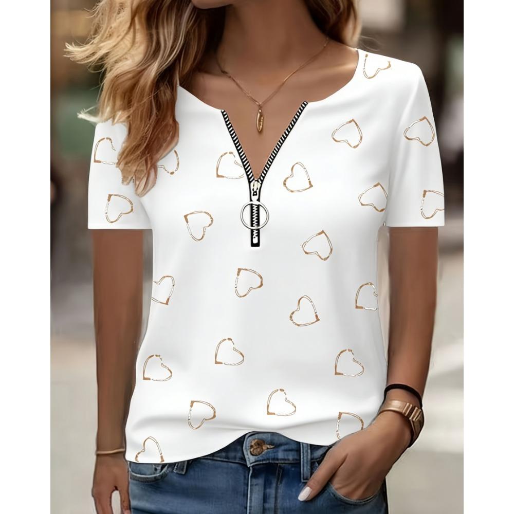 Fashionable and Elegant Zipper V-neck Color Blocked Printed T-shirt, Plus Size Women's Short Sleeved Summer Loose T-shirt