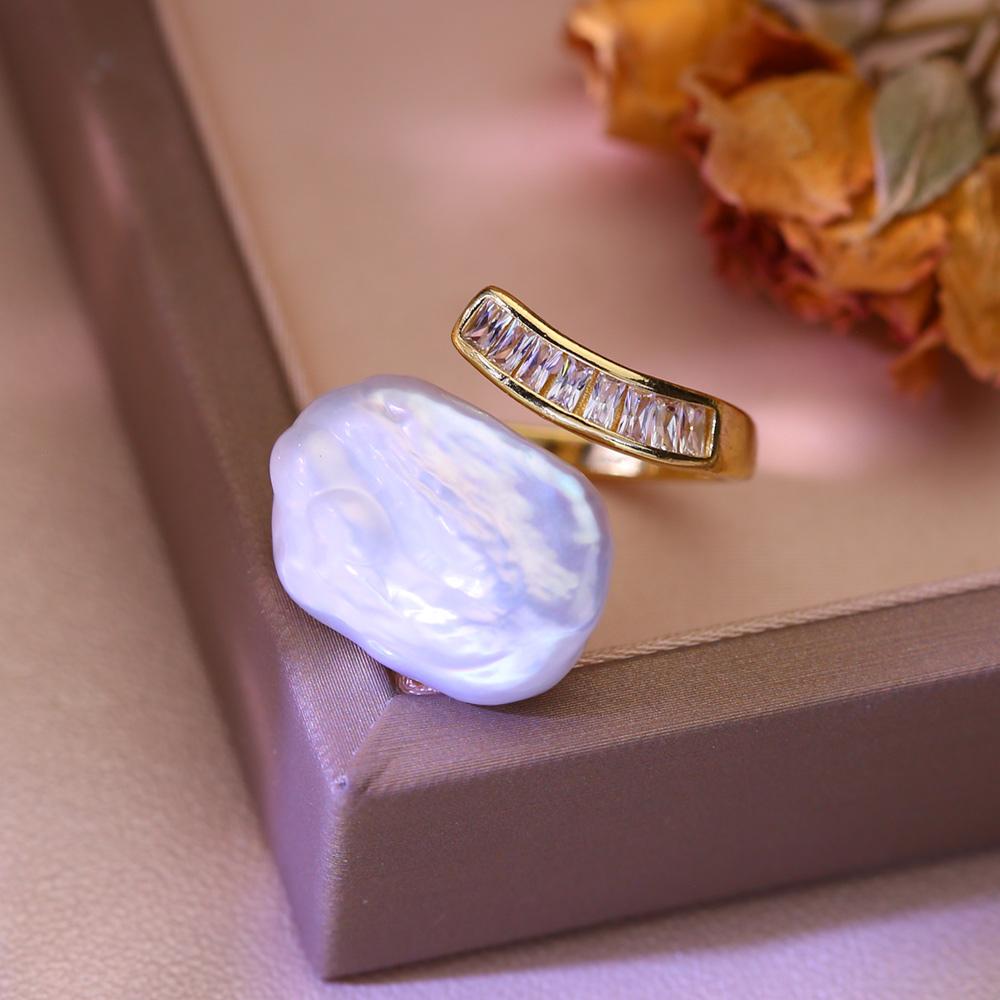 SENIKO 12-16mm Natural Freshwater Pearl Rings For Women Fashion Female Cubic Zirconia CZ Ring Pearl Jewelry Adjustable Ring