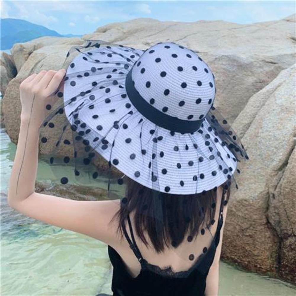 European Polka Dot Lace Mesh Big Brim Straw Hat Women's Summer Seaside Beach Elegant Sunscreen Vacation Hat