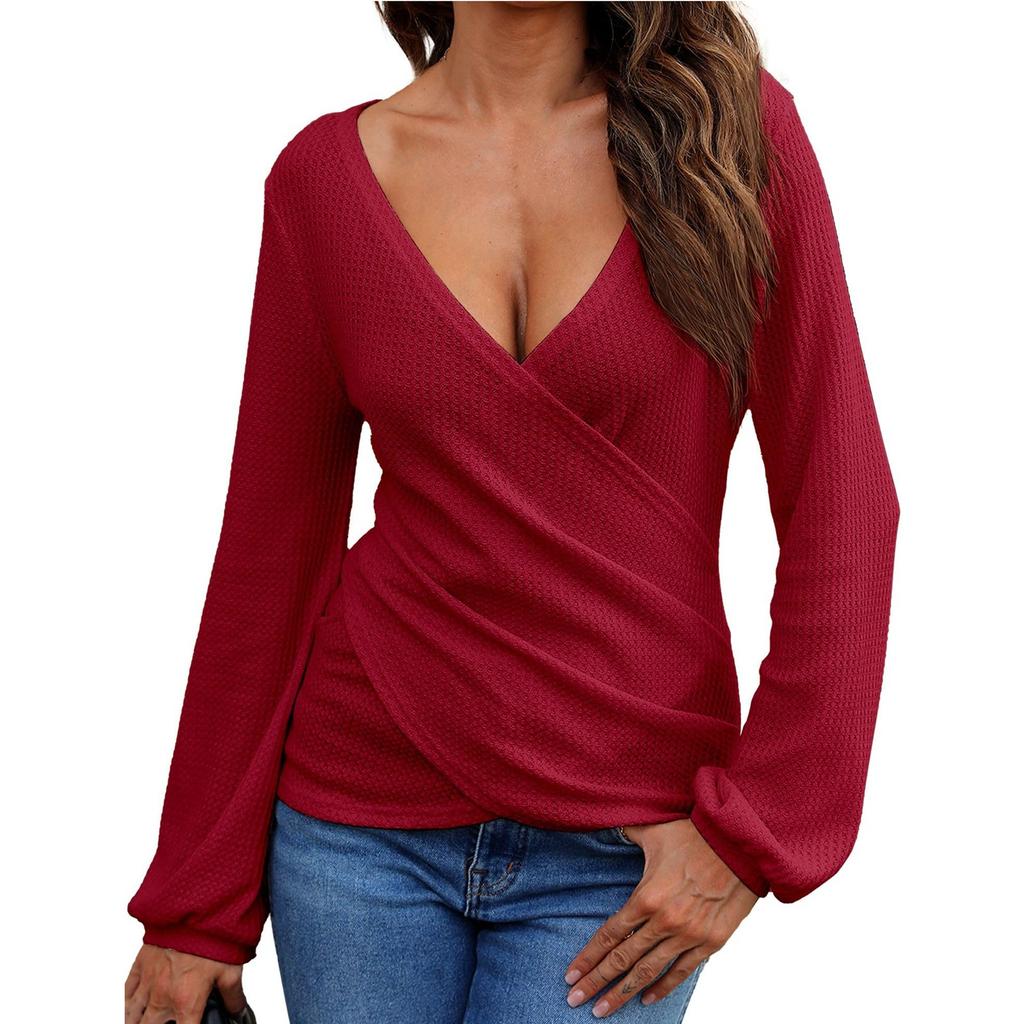 Women's Solid Color Long Sleeve Slim Top Sexy Casual Collar Shirt Top