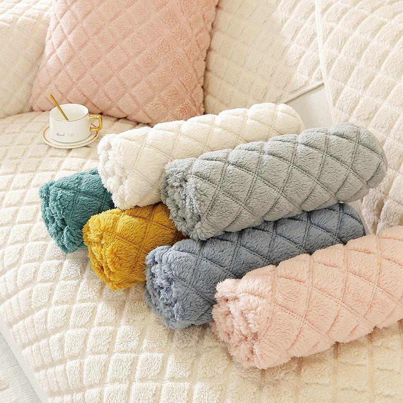 Solid Color Plaid Sofa Cushion Cover Living Room Sofa Cover Cloth Towel Simple Modern Winter Plush Thickening Non-Slip Warm
