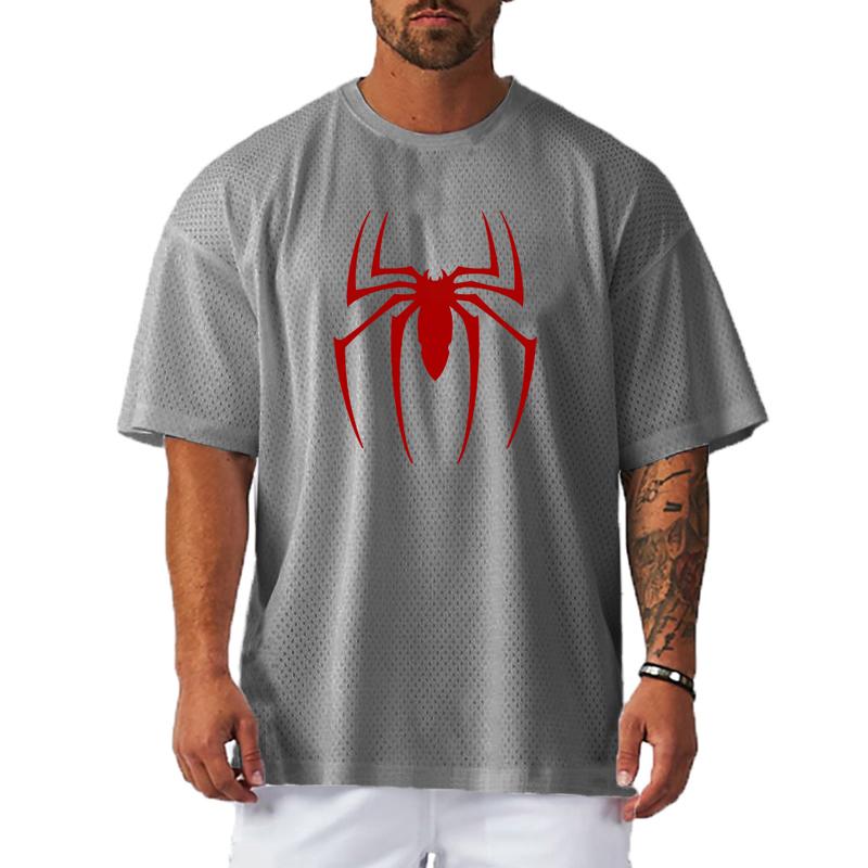 Muscleguys Red Spider Printed Oversized Loose Mesh Running T-Shirts Mens Summer Quick Dry Fitness Half Sleeve T Shirts Sports Gym Clothing