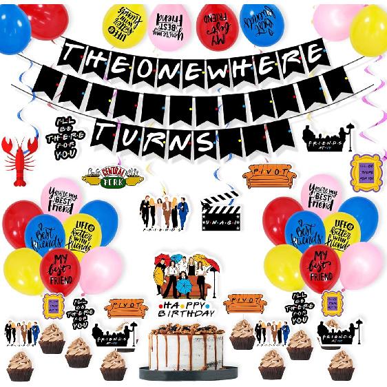 Friends Birthday Decorations, Friend TV Show Birthday Party Decorations, The One Where Turns Banner Hanging Swirl Balloon Cake Cupcake Topper for TV