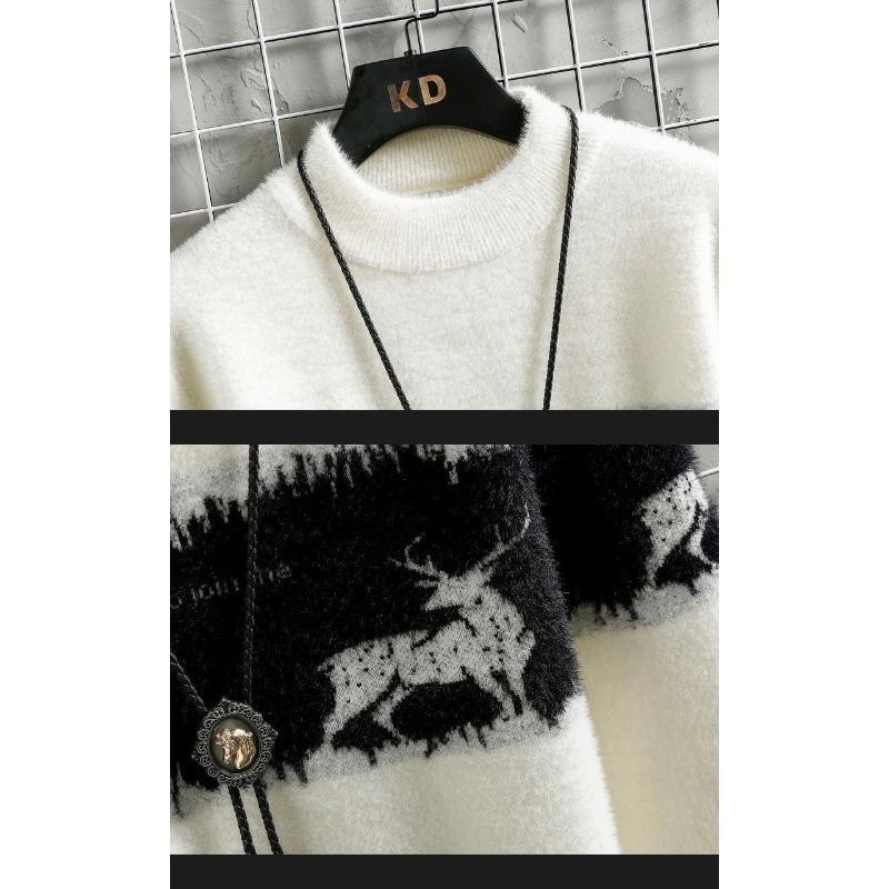 Herrvit polotröja med svart hjorttryck Långärmad Casual stickad topp