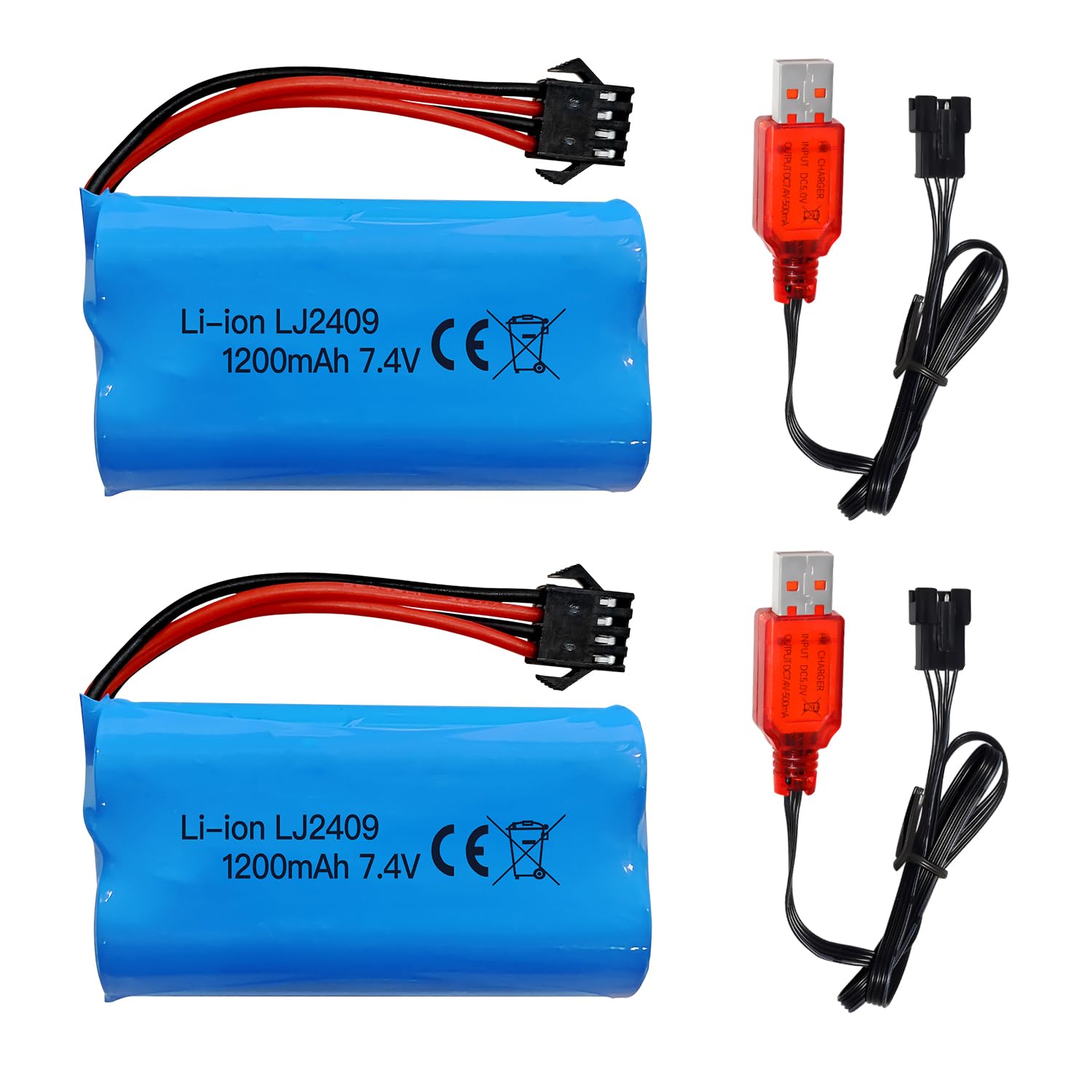 

2PCS 7.4V 1200mAh SM-4P Plug with USB Charging Cable for EC08 RC Toy Car Model Off-Road Car Hill Climbing Drift Racer Remote Control Boat