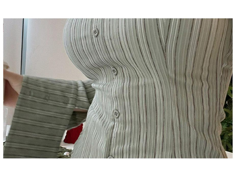 Women's Slim-Fit Green Striped Polo Collar Long-Sleeved Shirt