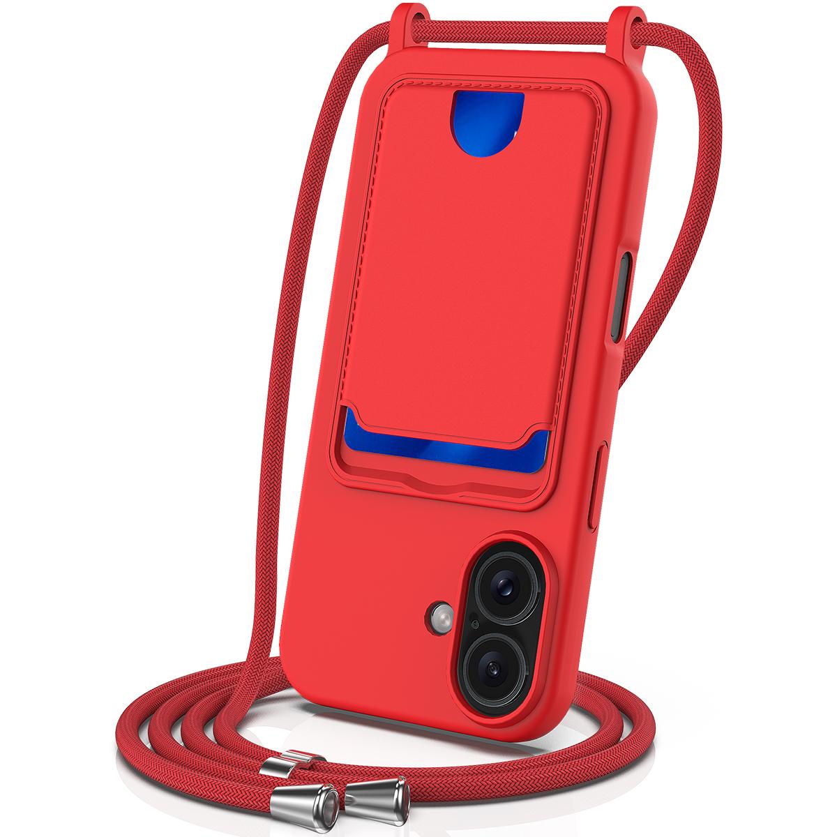 

For iPhone 16 Case Liquid Silicone Card Holder Phone Back Cover with Lanyard