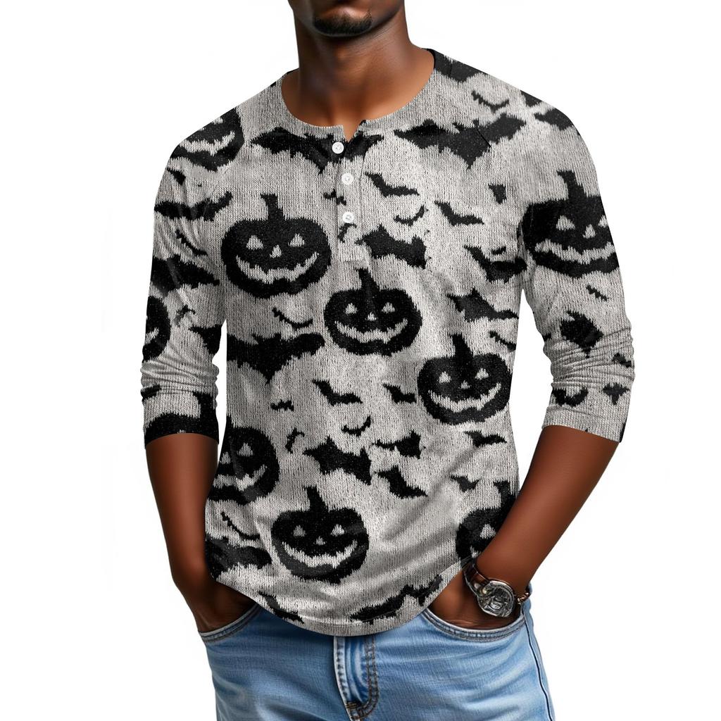 Men's Casual Halloween Print Henley Shirt Raglan Three Quarter Sleeve Top Comfortable Fit Lightweight Fabric