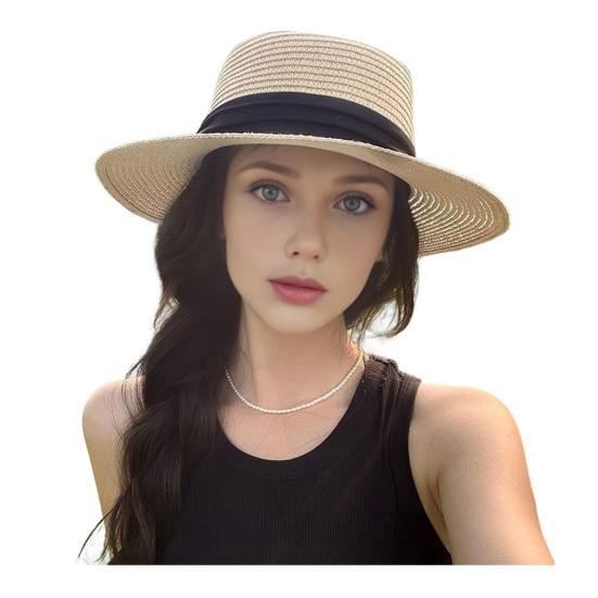 French Style Straw Hat with Large Brim Ribbon Decor Foldable Sun Protection Hat Summer Beach Travel Vacation Hat