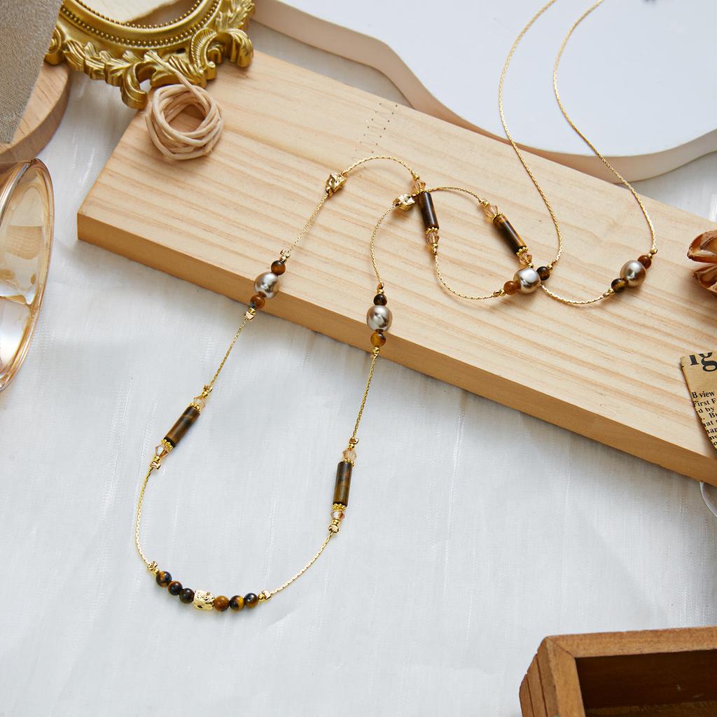 Boho Tiger Eye Stone Beaded Necklace For Women Sun Pendant Brown Natural Stone Beads Snake Bone Chain Choker Party Charm Jewelry