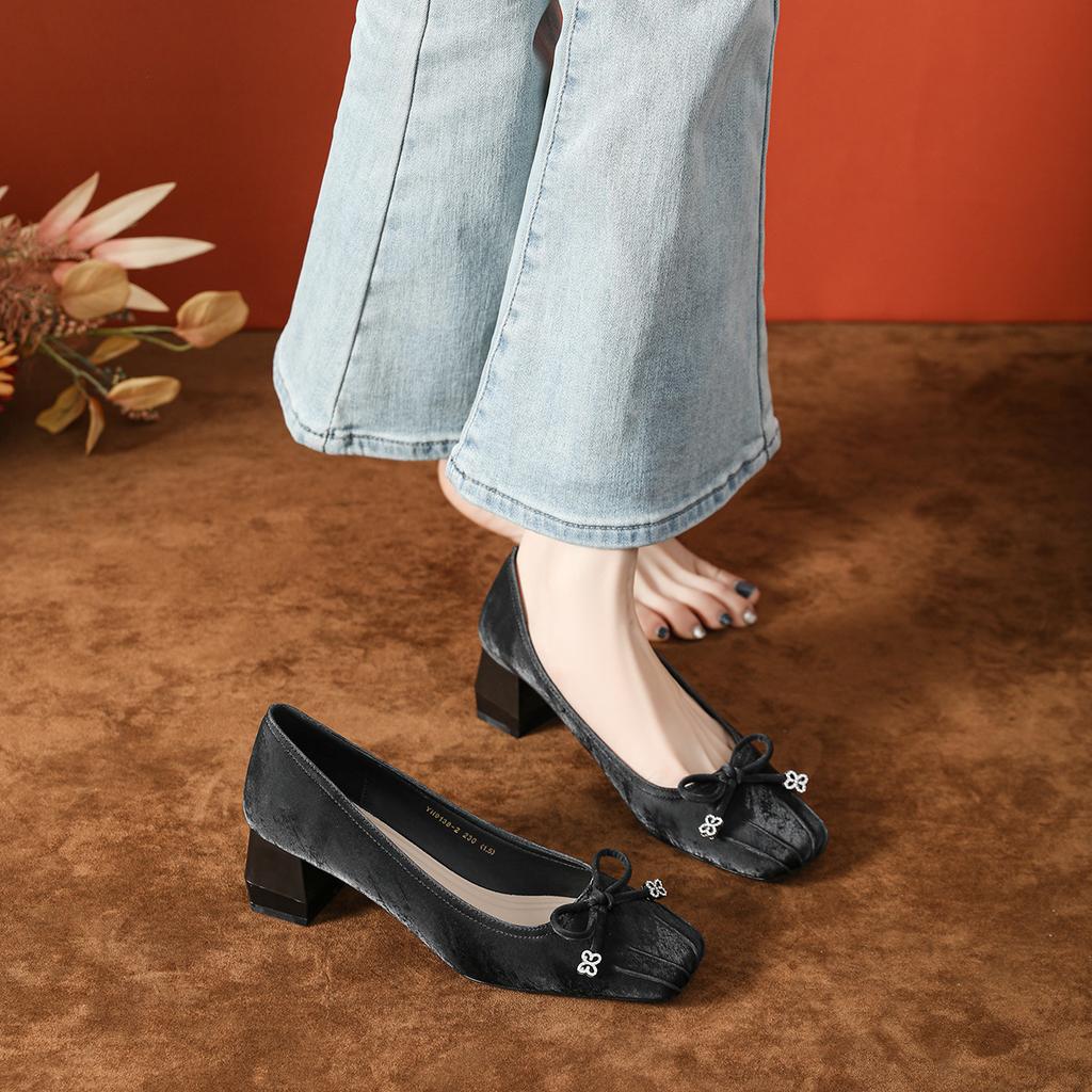 Bow word with rhinestone ballet shoes Mary Jane women's shoes small fragrant style thick heel high heels women's high sense