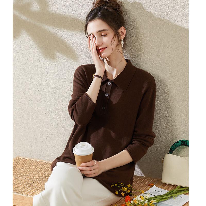 TUHUANG Women's Pure Wool Polo Collar Knit Top
