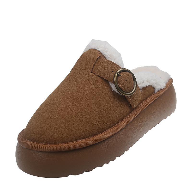 Autumn and Winter New Muffin Thick-soled Bag Head Half-drag Fluffy Shoes Women's Fashion Belt Buckle Outer Wear Cotton Slippers