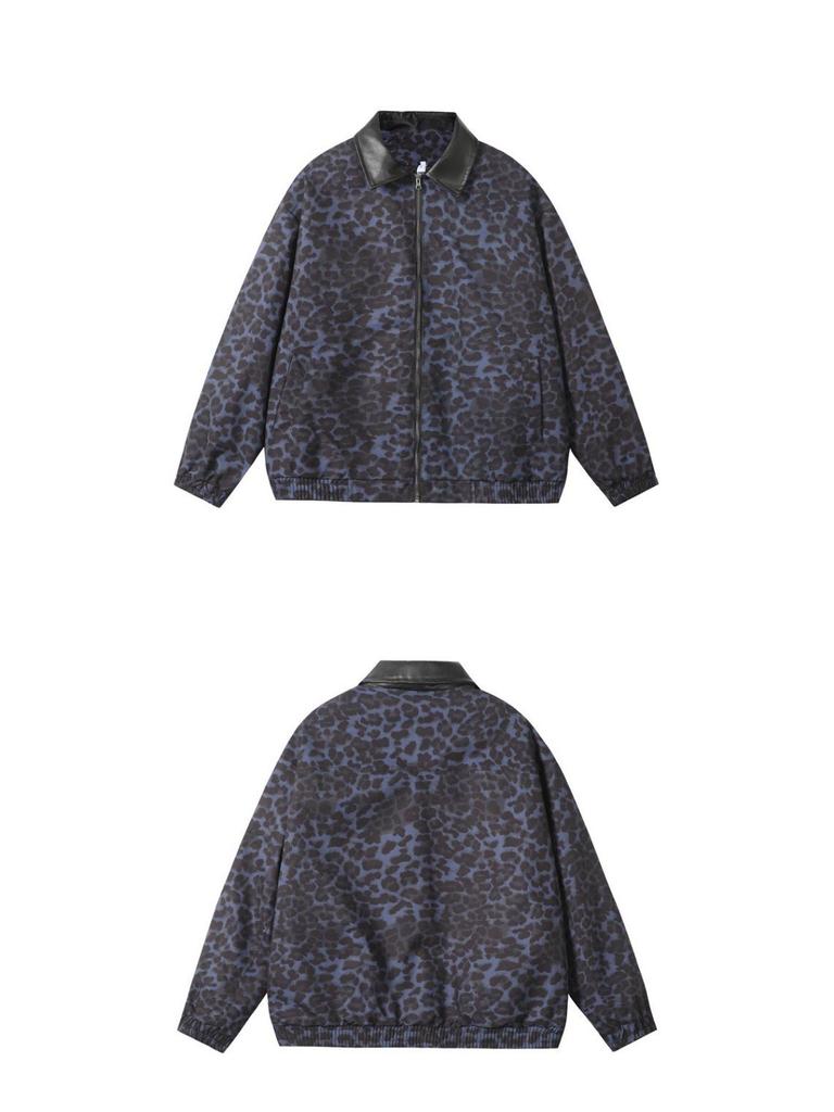 Unisex Retro Leopard Print Spliced Leather Jacket - Trendy, Loose-Fit Streetwear