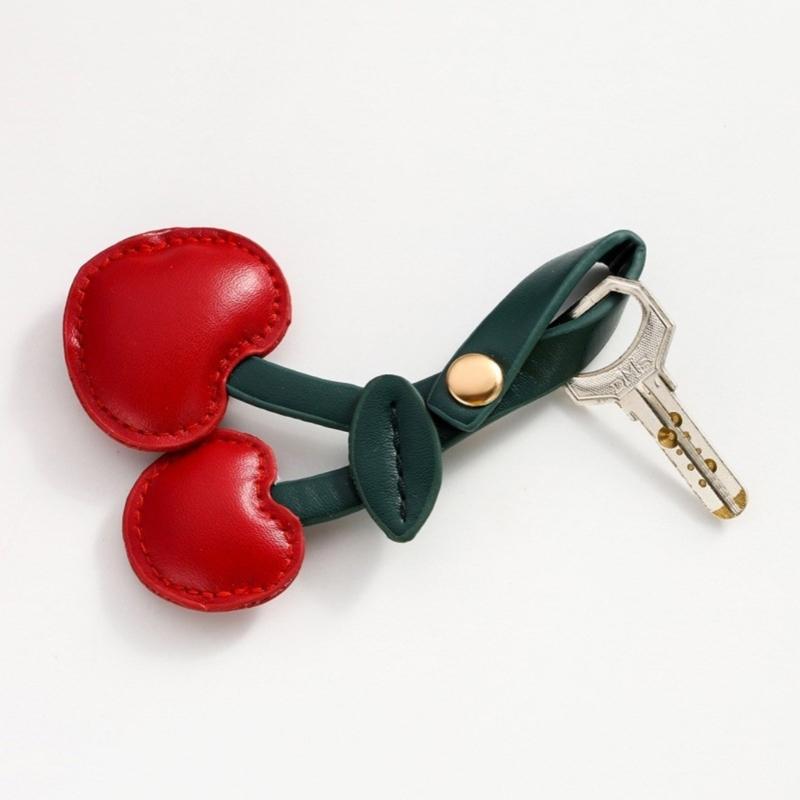 3D Cherry Keychain Charm Bag Accessory Fashionable PU Leather Fruit Shape Key Ring Ornament for Women Handbag Decoration