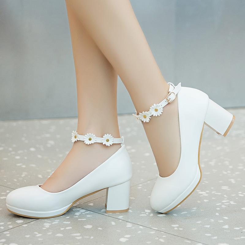 White Wedding Party Girls High Heels Pink Chunky High Heel Lolita Shoes Female Princess Flower Ankle Buckle Women Pumps 30-43