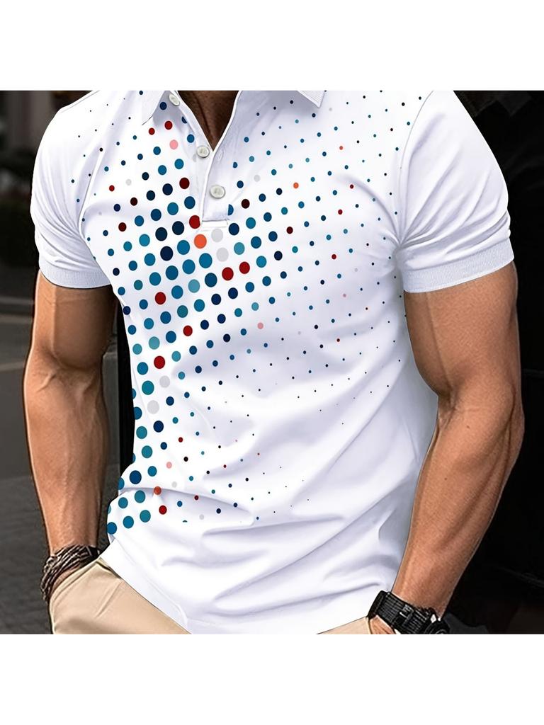 Men'S Summer Short Sleeve Polo Shirt Striped Print Button 100% Polyester Casual Style 3D Digital Print Striped Machine Washable