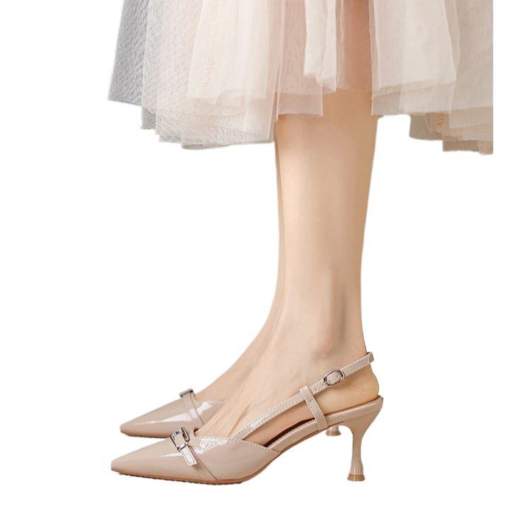 Small size 313233 back hollow toe high heels sandals spring and summer new French pumps black pointed toe shoes