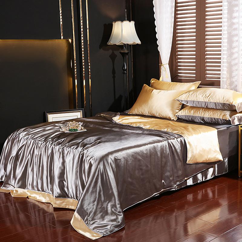 European Solid Color Mulberry Silk Bedding Sets Ice Silk Satin Cooling Bedclothes High Quality Skin-Friendly Smooth Duvet Kit