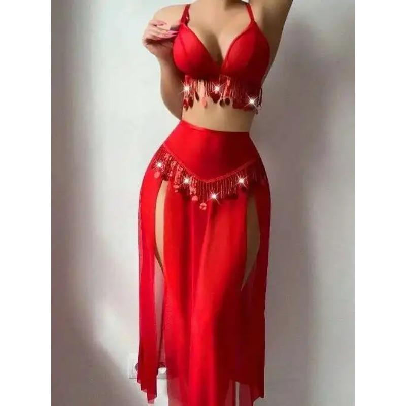 Erotic Sexy Transparent Solid Color Sequin Skirt Set Backless Deep V Suspenders Sleeveless Skirt Sets Charming Elegant Beautiful