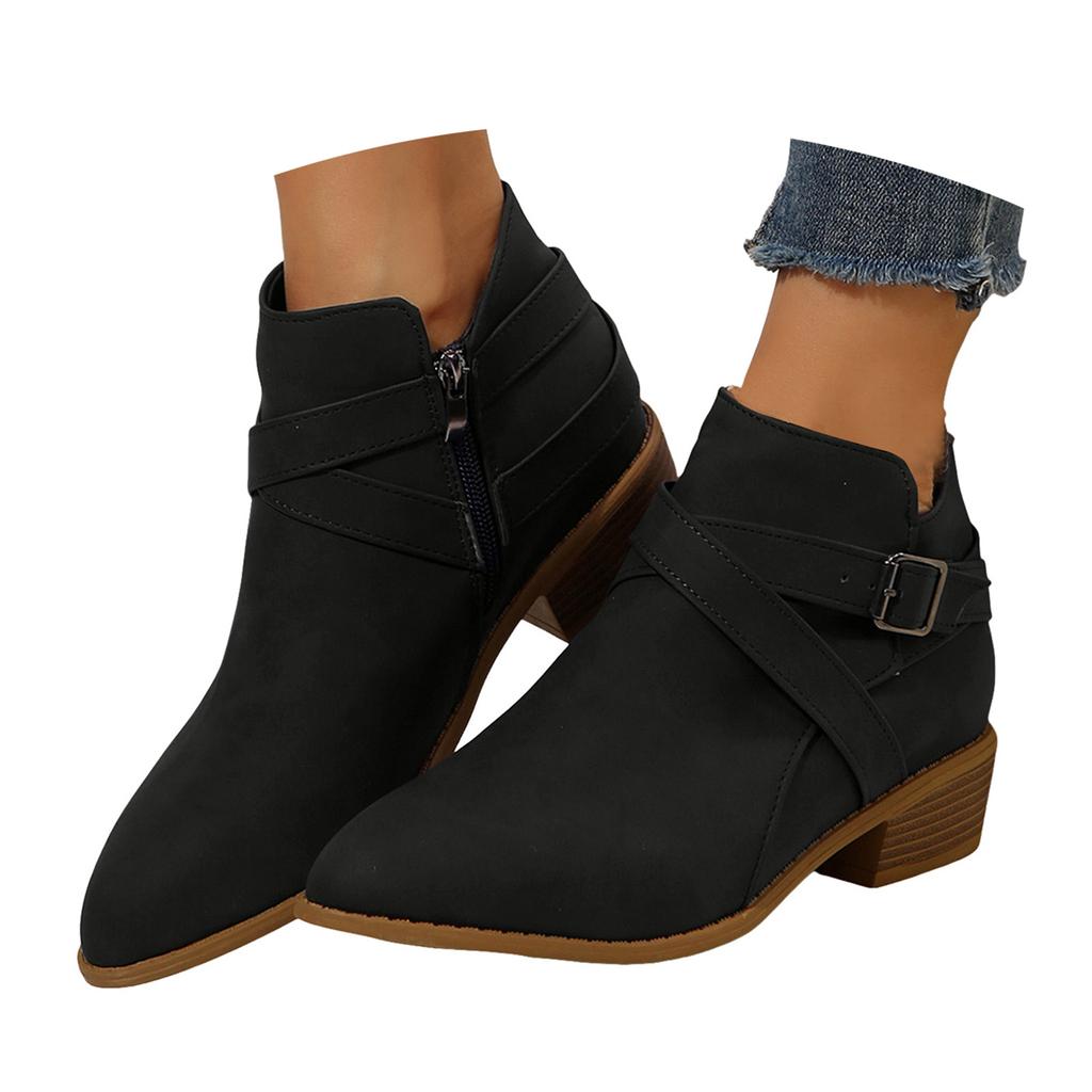 Botines de Moda para Mujer con Punta Fina y Tacón Grueso, Cremallera Lateral, Cómodos, de Ante, Botas Botines Zapatos de Mujer