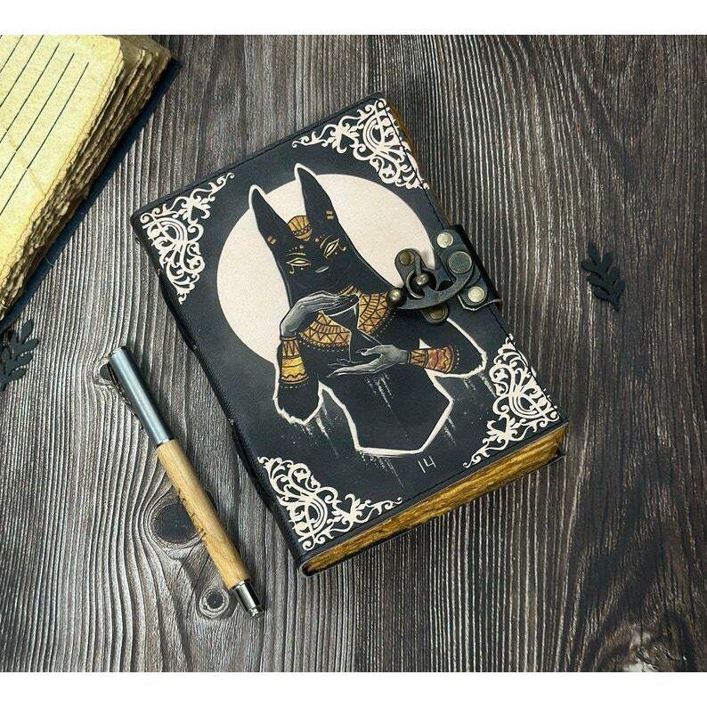 Egyptian Cat Book of Shadows Leather Journal - Leather Print Journal, Wiccan