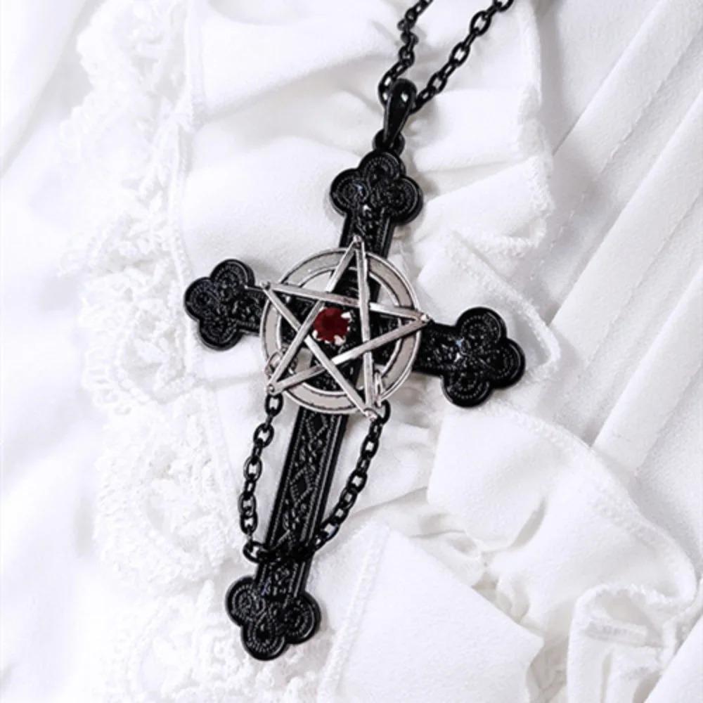 Gothic Dark Five-pointed Star Cross Relief Pattern Red Zircon Pendant Necklace for Women Men Hallowmas Punk Fashion Jewelry Gift