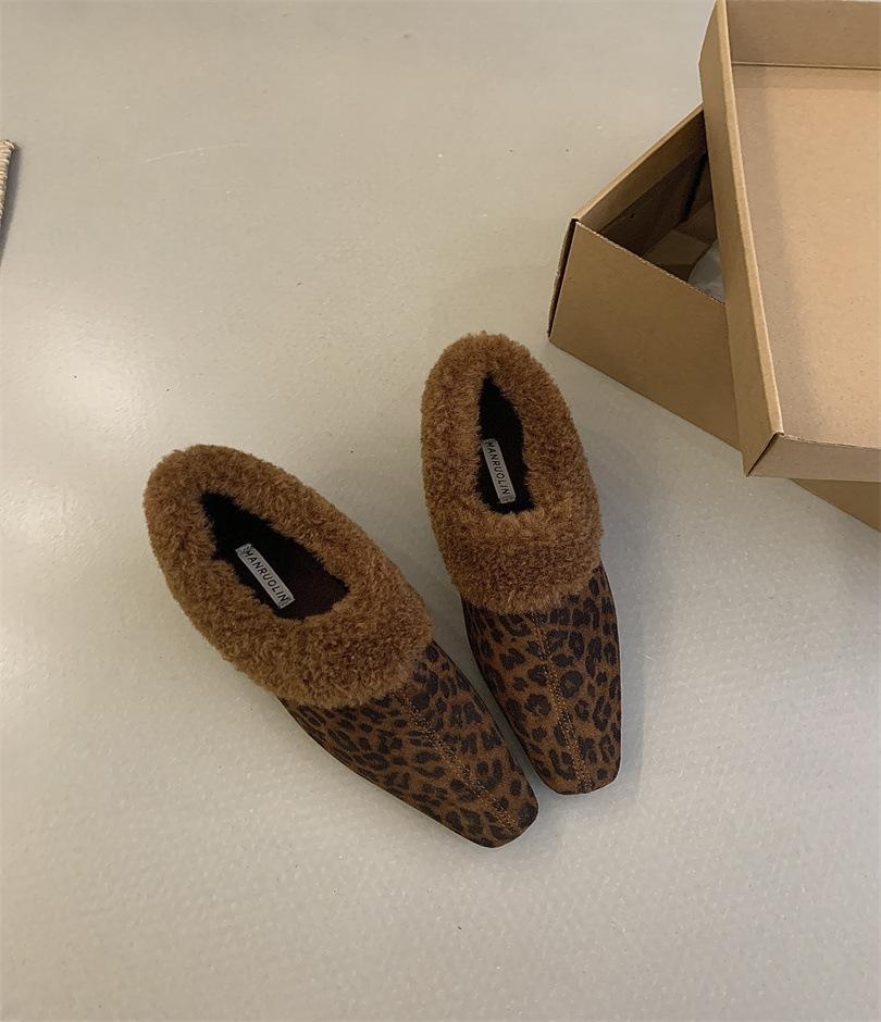 

Autumn and winter new outer wear bag head fluffy slippers women s pointed head high heel thin heel half slippers fleece fitting shoes 39 леопардовый