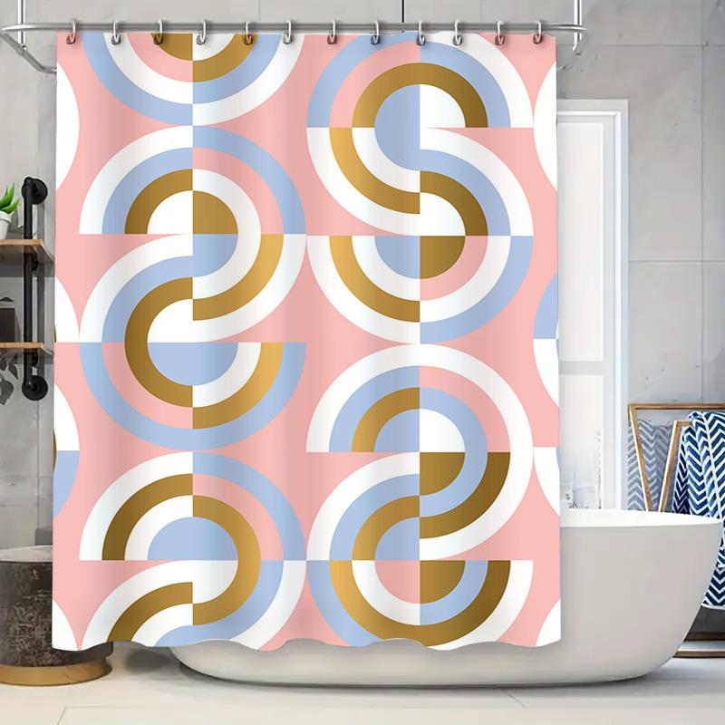 Modern Geometric Shower Curtain with Soft Pastel Colors Pink Blue White Black Gold Decorative Bath Liner Set for Bathroom Access