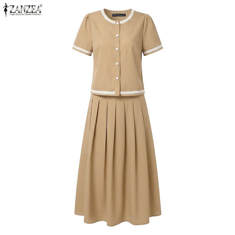 ZANZEA Bluză cu mânecă scurtă și fuste lungi pentru femei Seturi de costume casual din două piese