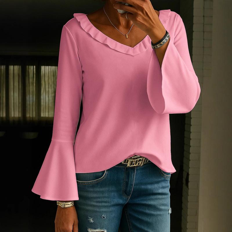 2026 New Women's Casual Long Sleeve V-Neck Bell Sleeve Solid Color Top T-Shirt