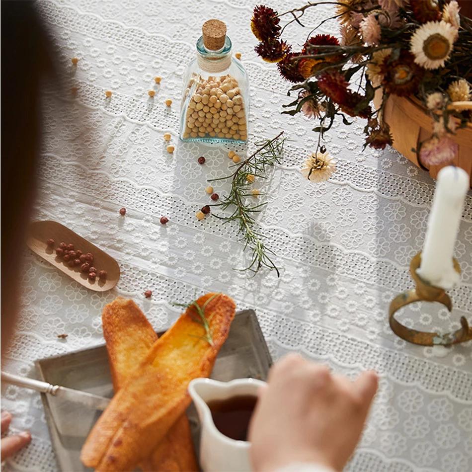 French Embroidery White Cotton Tablecloth, Table Cover For Home Kitchen Wedding Festival Dining Table Decoration Accessories