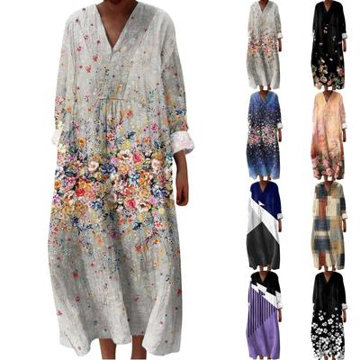 Rochie Casual și la Modă cu Gât în V, cu Mâneci Lungi, cu Imprimeu, Rochie cu Mâneci Lungi