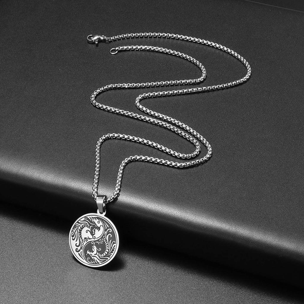 Tai Chi Yin-Yang Dragon Phoenix Pendant Necklace for Women Men Stainless Steel Jewelry Gift