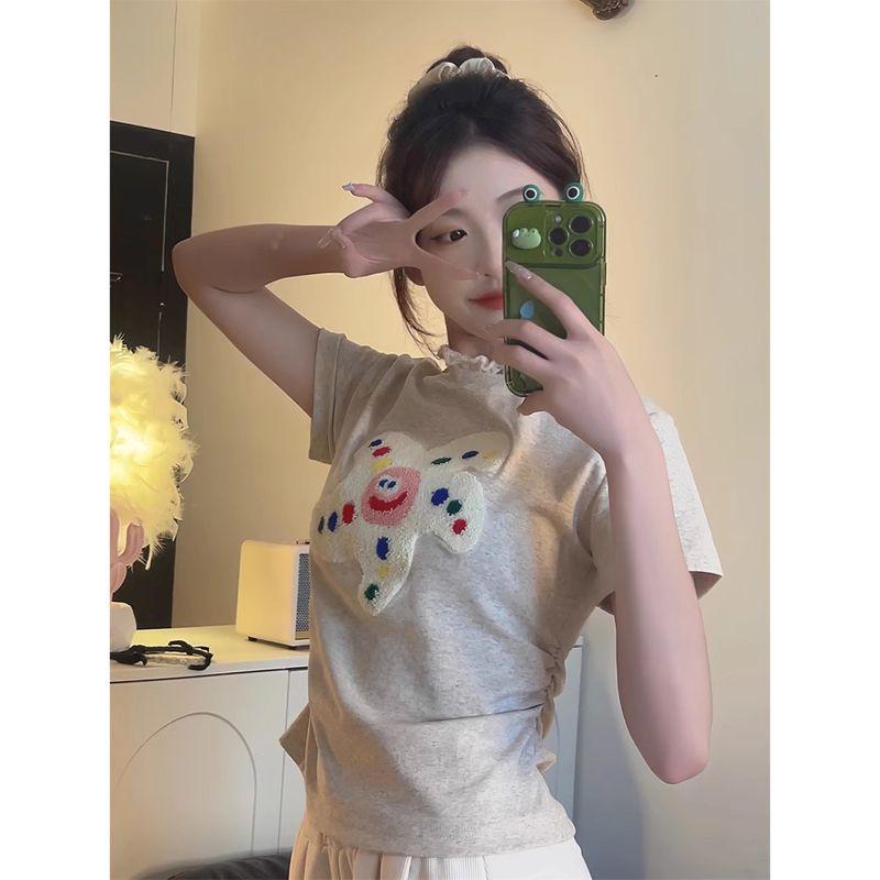 

Весна 2025 Приталена футболка з мультяшною вишивкою та мереживом Large сірий колір