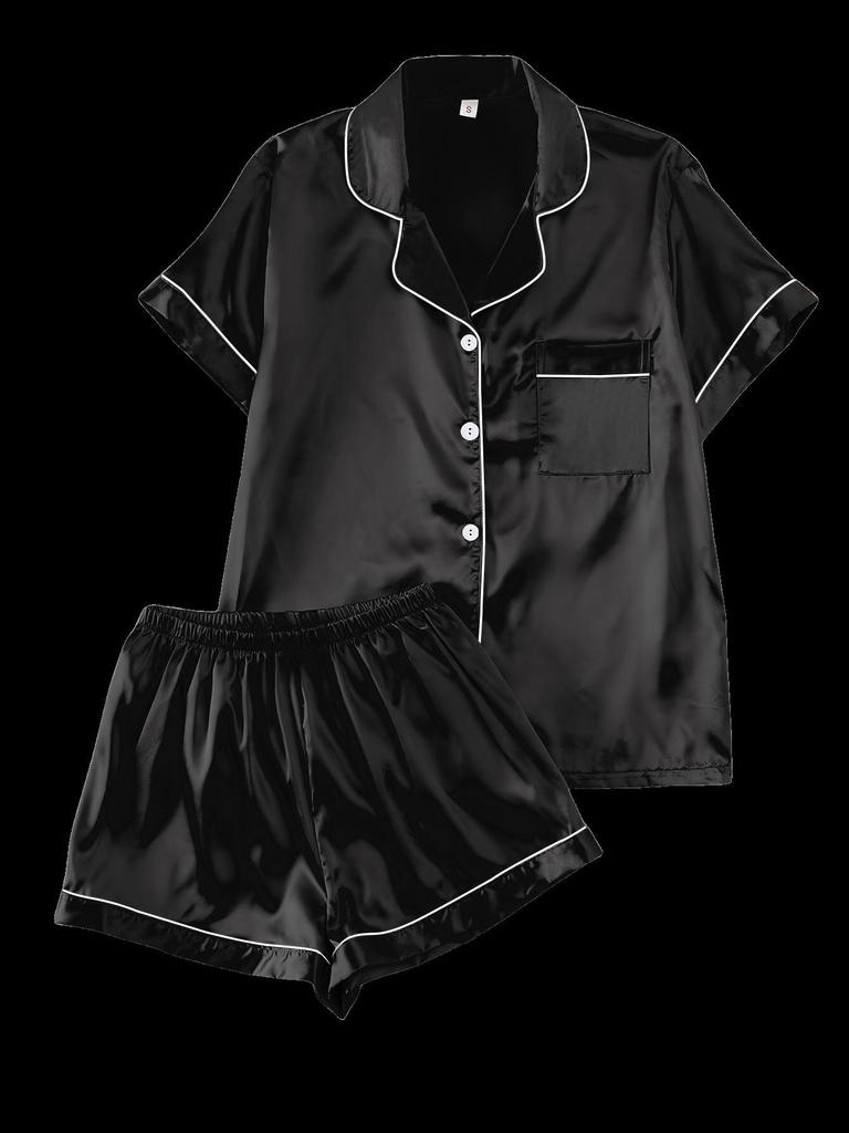 European Summer Ice Silk Pajama Set: Casual, Solid Color, Short Sleeve & Shorts, Breathable Comfort.