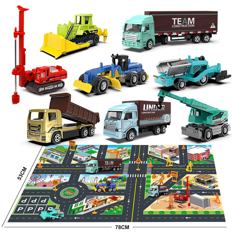 1: 64 8pcs/set Alloy Engineering Truck Toy Car Model with Mat Vehicle Tractor Excavator Children s Toy Car for Boys