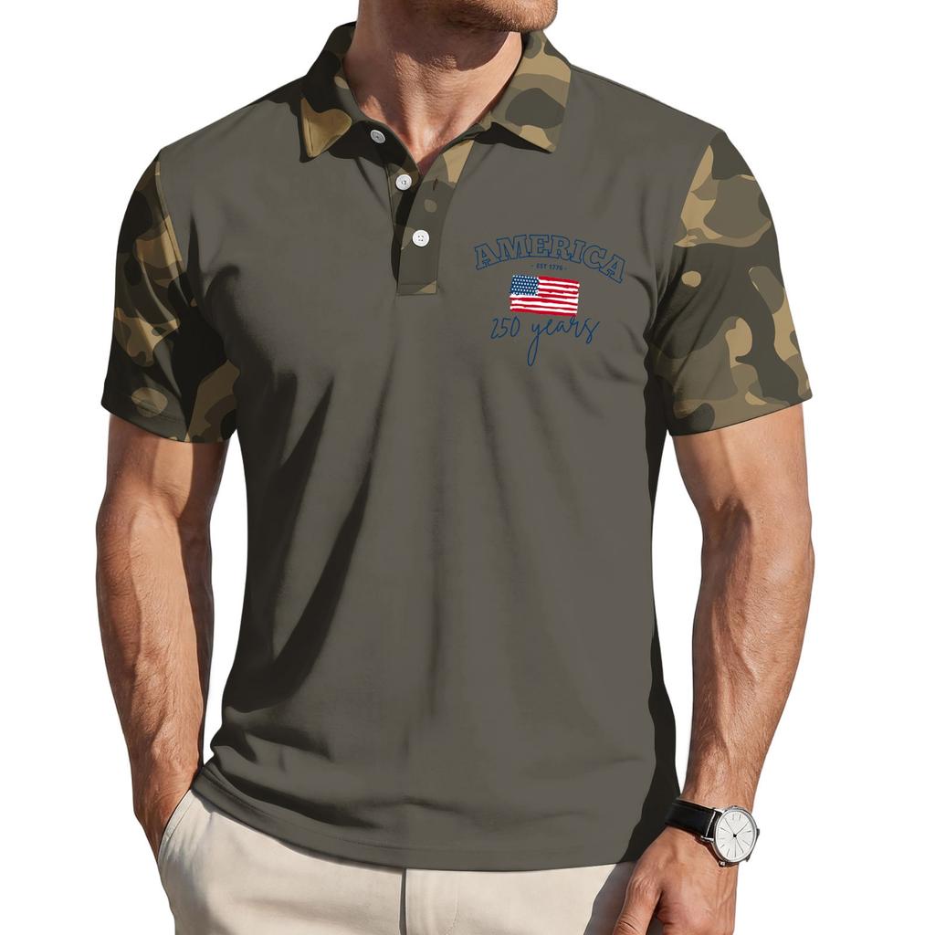 Men's Loose Fit Casual Polo Shirt Short Sleeve Flag Print Button Down Collar Lightweight Breathable Fabric Summer Top