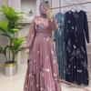 Women Long Sleeve Pleated Maxi Dress Butterfly Print Belted A Line Casual Elegant Dress