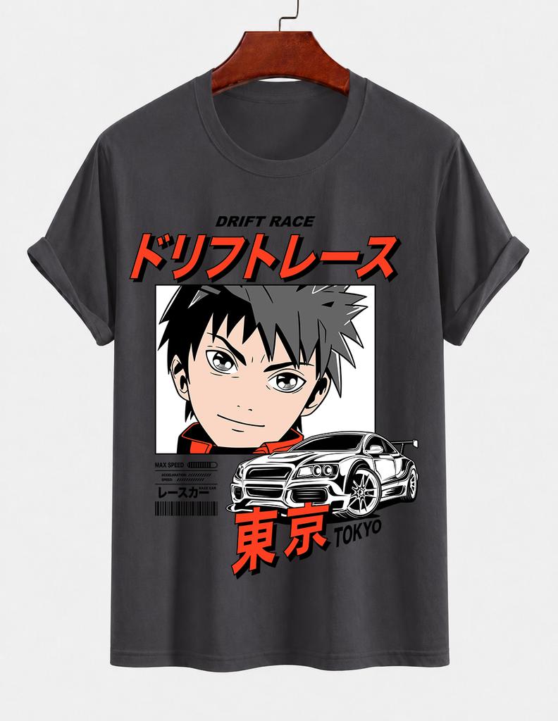Unisexs Pure Cotton Solid Color Tshirt Tokyo Drift Racing Anime Shonen Print Crew Neck Shortsleeve Street Casual Top