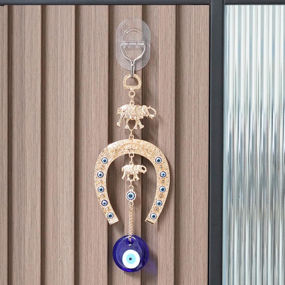 Turkish Blue Glass Eye Amulet Horseshoe With Elephant Ribbon Ethnic Wall Hanging Lucky Pendants Wind Chimes Home Car Decoration