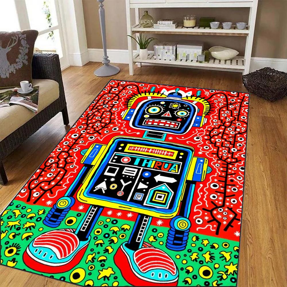 Cartoon Robot Pattern Area Rug Colorful Abstract Design Floor Mat Non-Slip Carpet for Living Room Kids Room Home Decoration