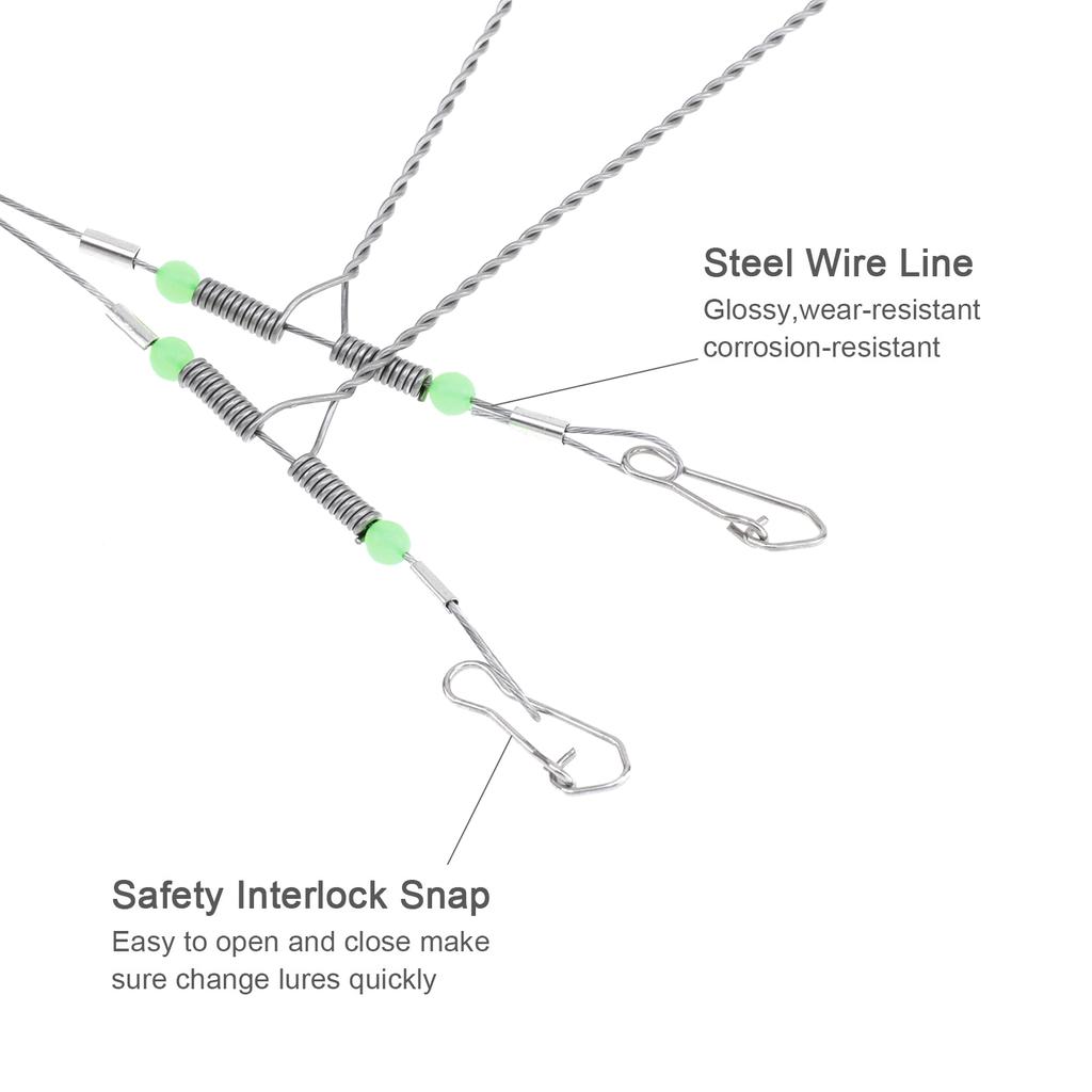 10Pcs Anti-Tangle Soft Steel Wire Rigs, 70LB Line with Luminous Beads, Complete Bottom Pulley Rope Set for Saltwater Sea Fishing