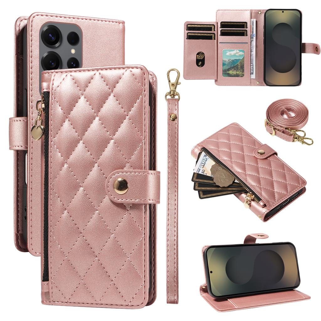 For Samsung Galaxy S25 Ultra Wallet Case with Straps,Rhombus Leather Stand Phone Cover